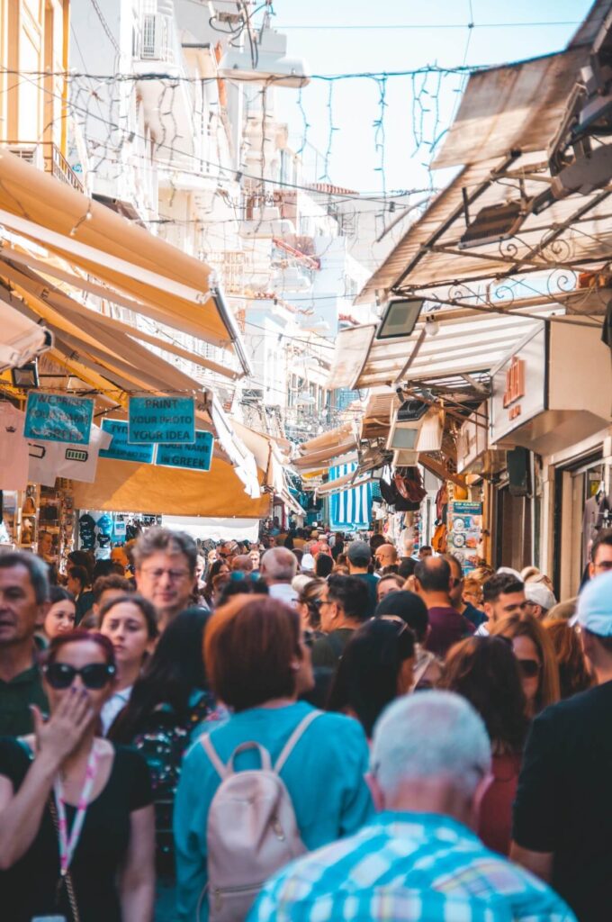 Crowd in a main shopping street in Greece