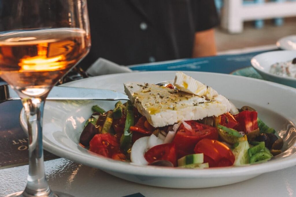 Classic Greek salad with feta cheese on top