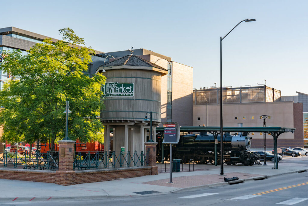 Railroad locomotive and water tower in the historic Haymarket District of Lincoln, Nebraska