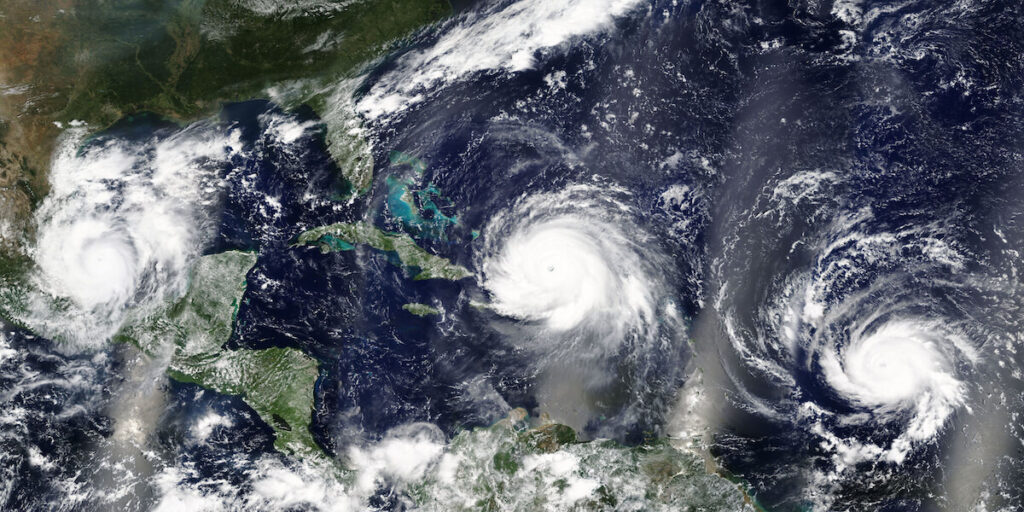 Overview of three hurricanes Irma, Jose and Katia in the Caribbean Sea and the Atlantic Ocean, near Mexico