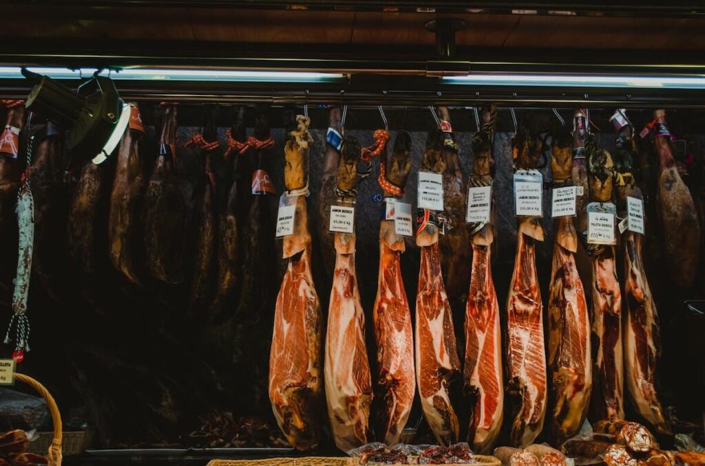 jamon iberico on display in a Barcelona market