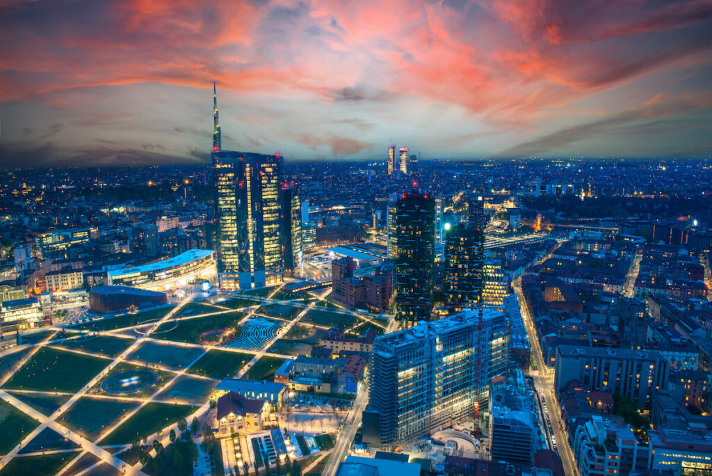 Milan skyline overlooking the island from above