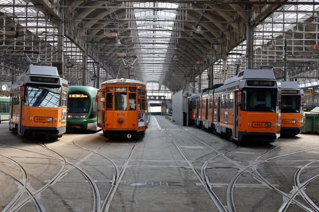 Milan trams on depot