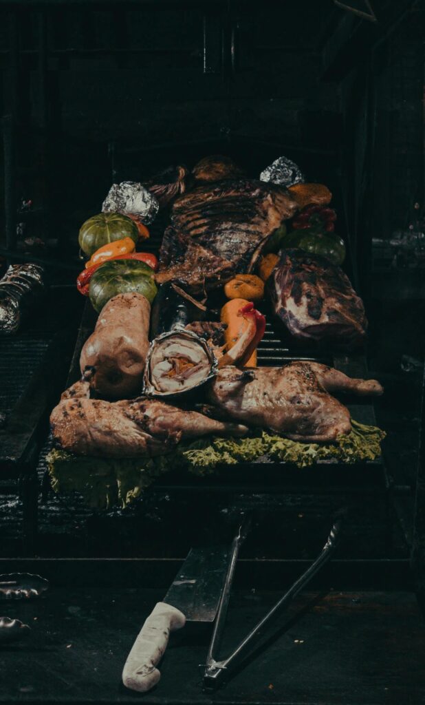 Chicken, meet and vegetables in barbecue