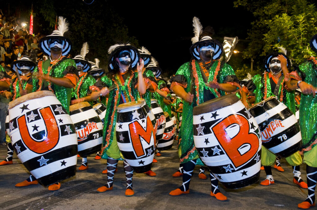 costumed carnival participants in the annual national festival of Uruguay
