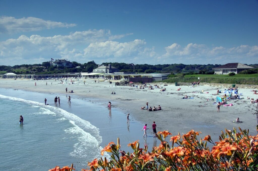 people hanging out at Bailey's Beach in Newport, Rhode Island