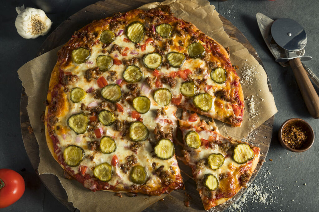 Homemade Fatty Hamburger Pizza with Beef Pickles and Onions