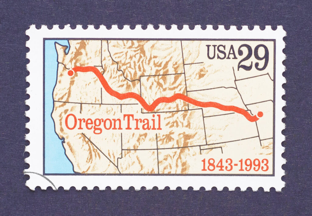 A postage stamp printed in USA commemorative of the Oregon Trail, circa 1993