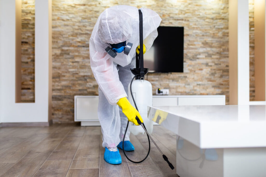 Exterminator at work wear spraying pesticide with sprayer