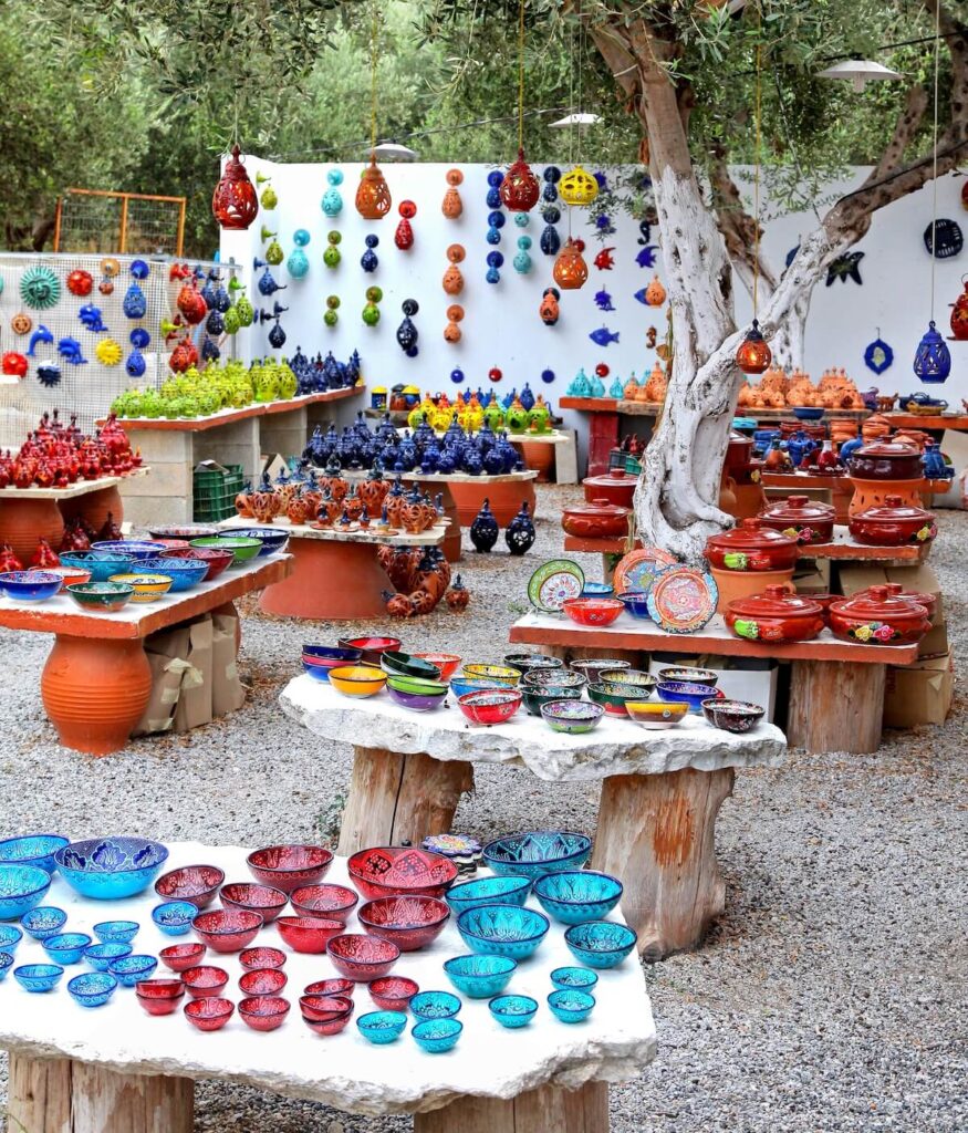 Classical Greek pottery in gift shop at village Kournas at island Crete