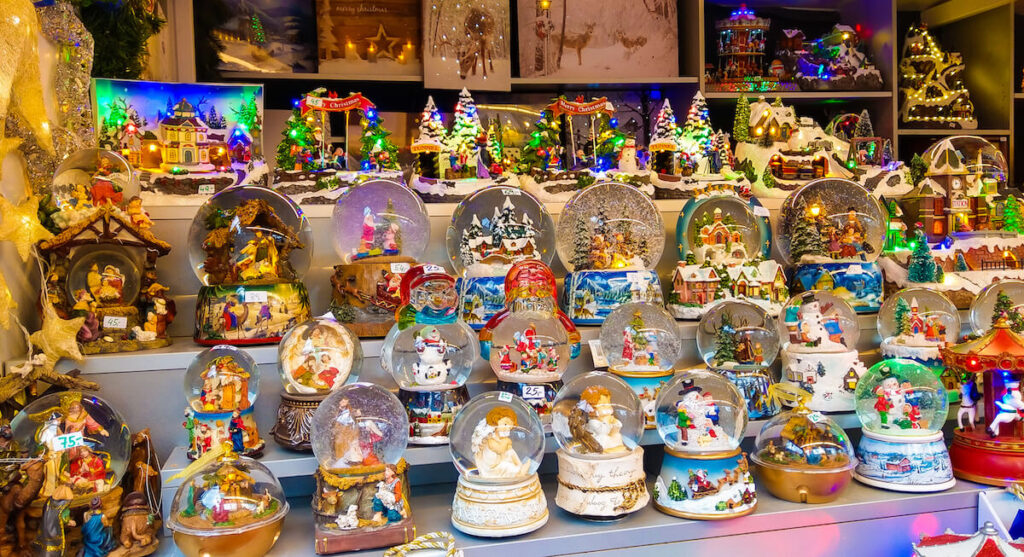 Colored snowglobes at the traditional christmas market of Salzburg in Austria, Europe