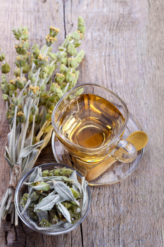 Mountain tea, herbal tea Sideritis and flowers on wooden background