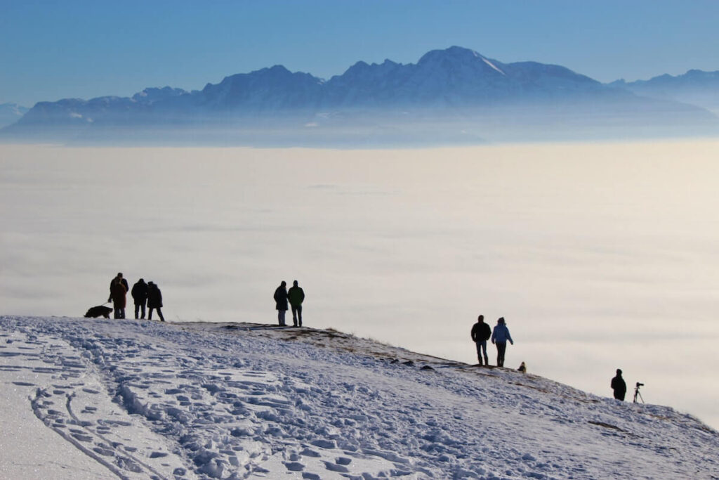 Magnificent view of the alps in winter, from the top of the mountain Gaisberg