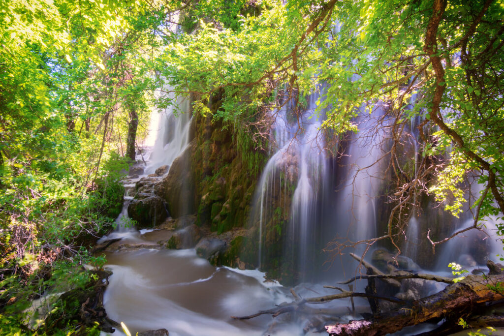 Many waterfalls on mossy cliff