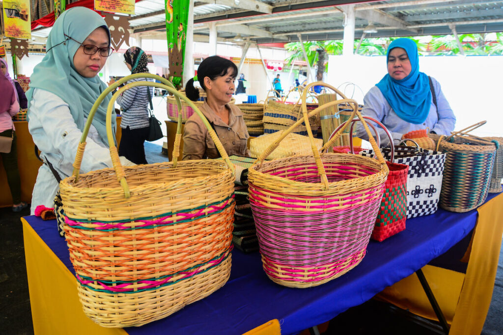 Colorful handmade basket on display