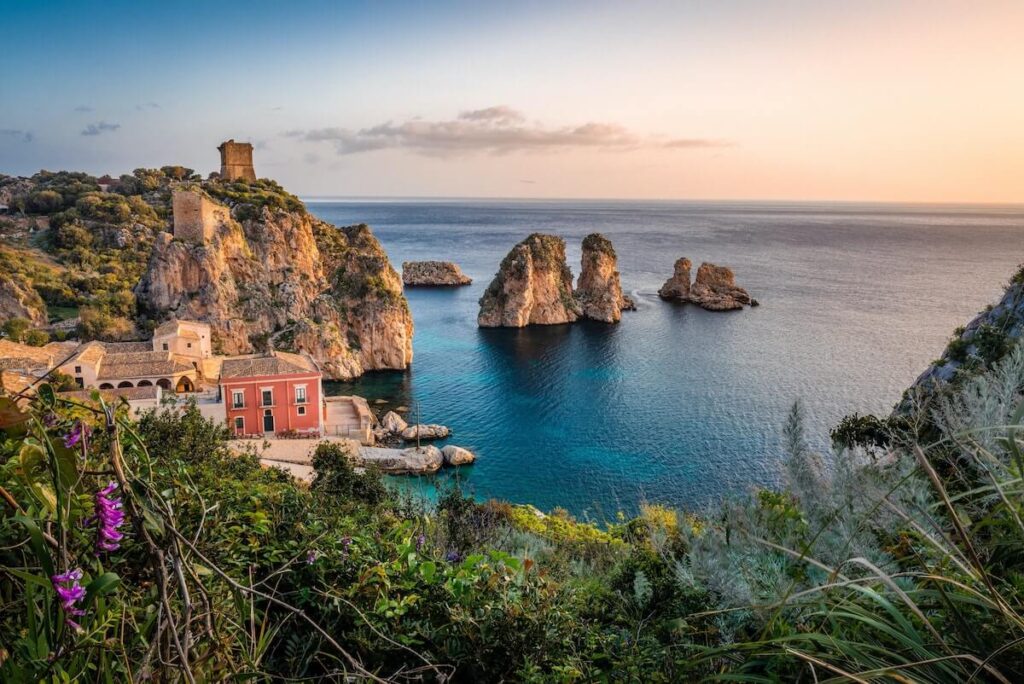 view of capri sea stacks golden hour