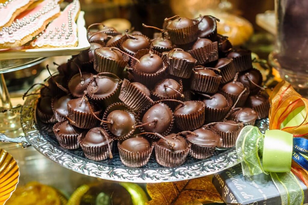 chocolate confections on display in turin