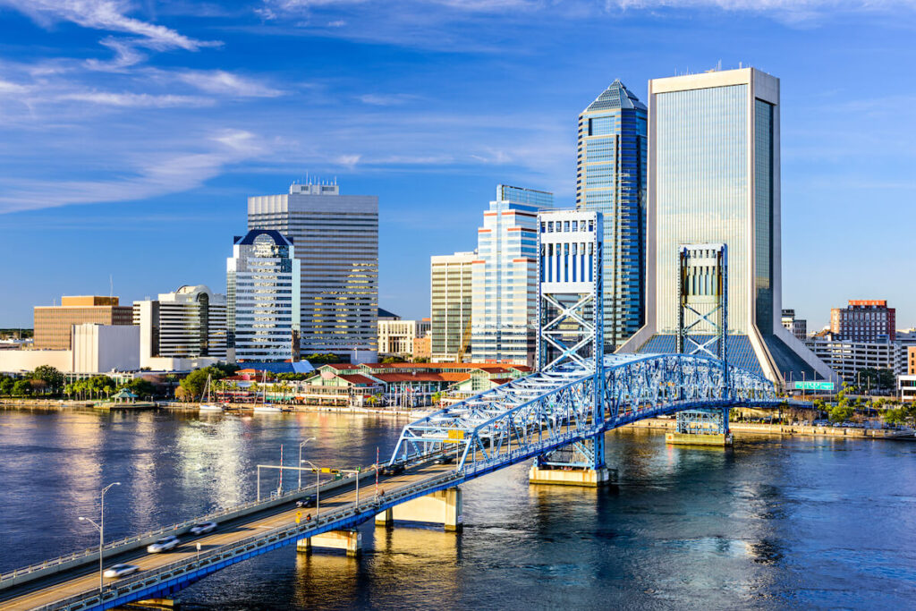 Jacksonville, Florida, USA downtown city skyline on St. Johns River.
