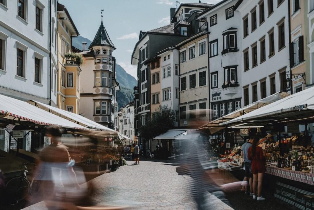 producers market in Bolzano. Bolzano is one of the most beautiful mountain towns in Italy.