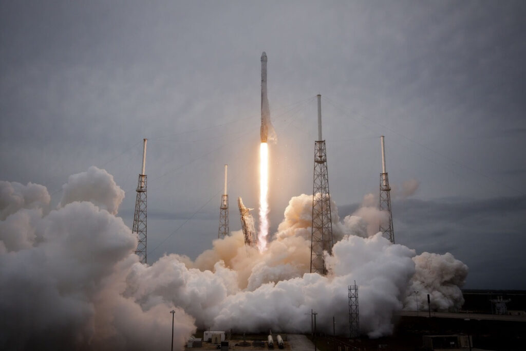 rocketship launching into the sky