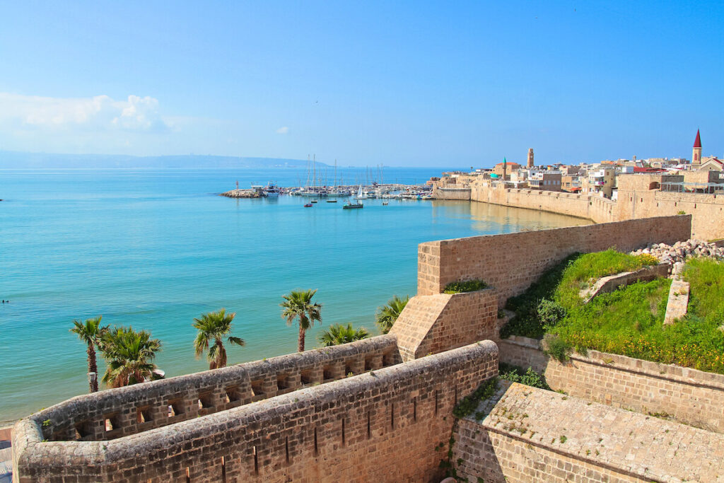 Old Akko Walls with panoramic view of Mediterranean