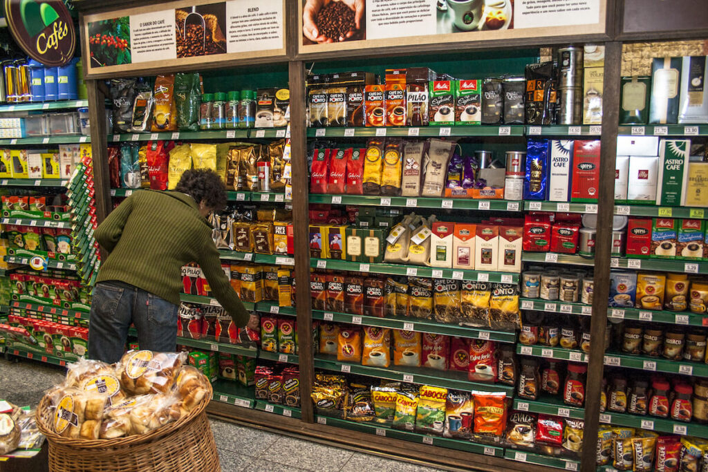 coffee and bread on display on a supermarket in Sao Paulo