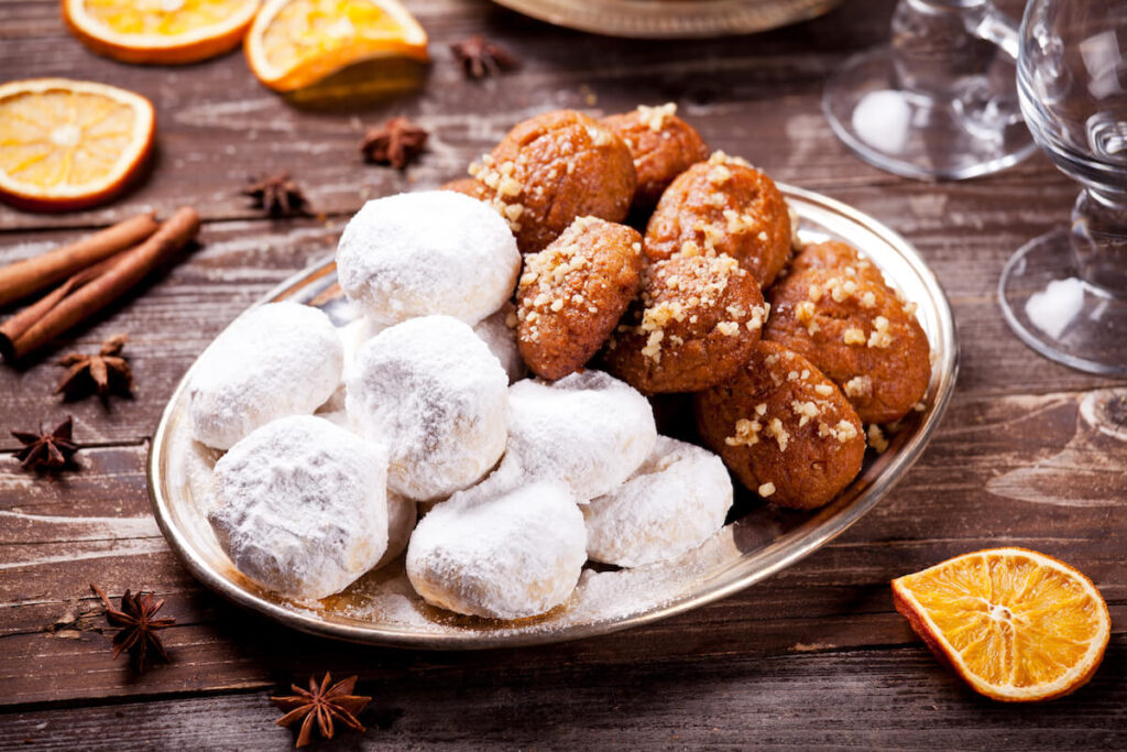 Traditional homemade greek melomakarona and kourabiedes for Christmas