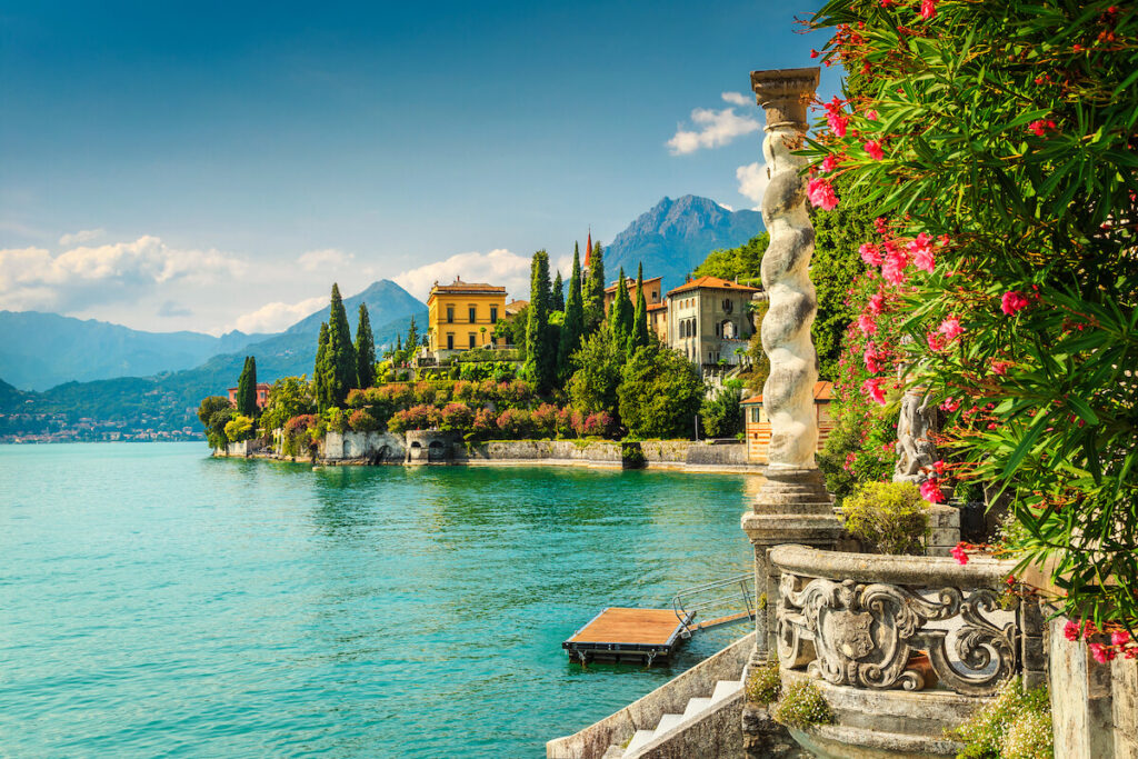 Famous luxury villa Monastero, stunning botanical garden decorated with mediterranean oleander flowers