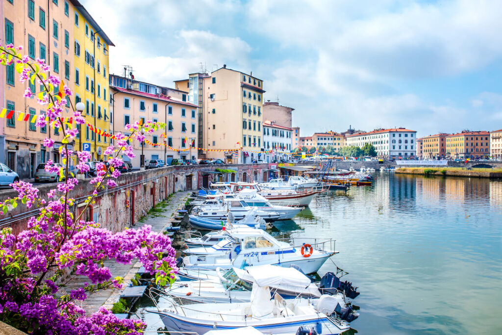 Dogana d’Acqua in Livorno. Livorno is a port city on the Ligurian Sea with one of the largest seaports in the Mediterranean Sea.
