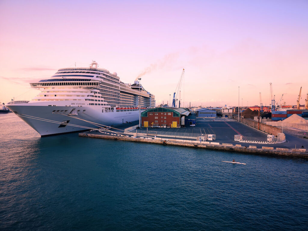 Luxury cruise ship docked at Livorno port, Italy.