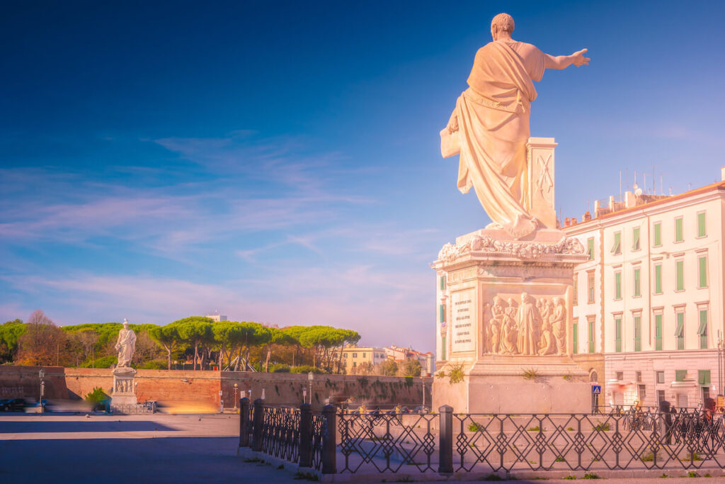 The statue of Grand Duke Ferdinand III on Piazza della Republica in Livorno, Italy. Livorno is one of the small coastal fortresses protecting Pisa.