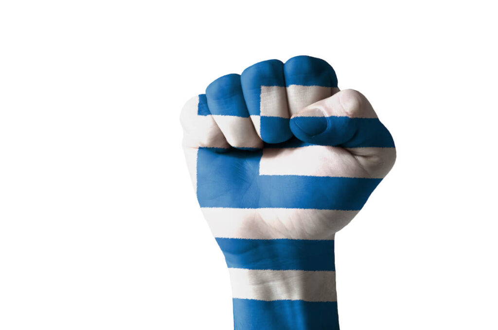 fist painted in colors of greece flag