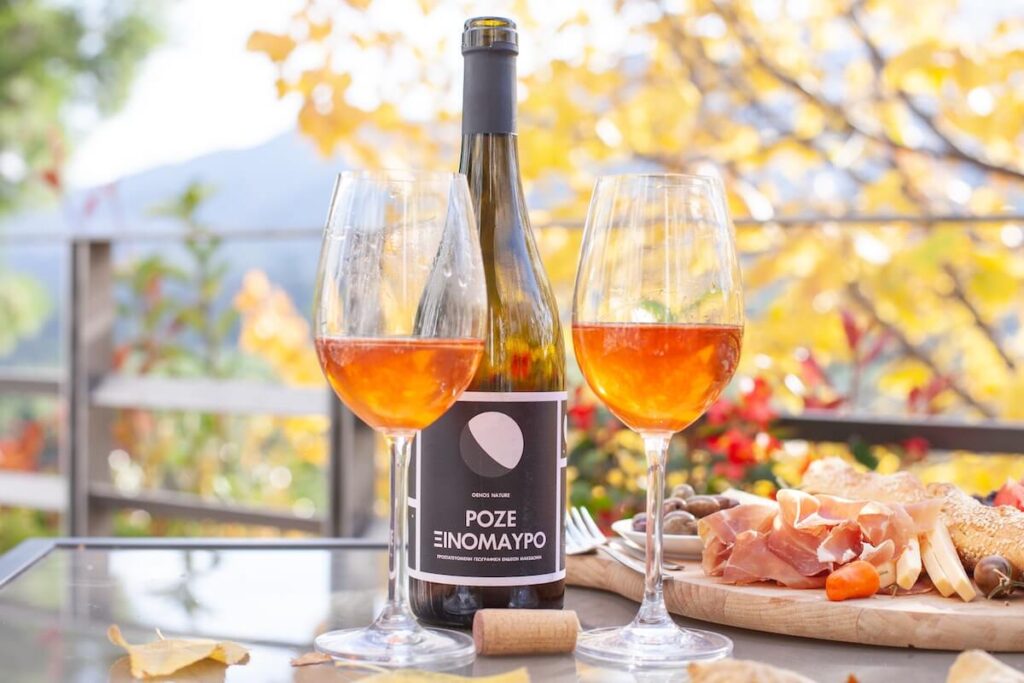 Brunch with a selection of cold cuts and Greek wine from local Xinomavro grapes by Thymiopoulos winery