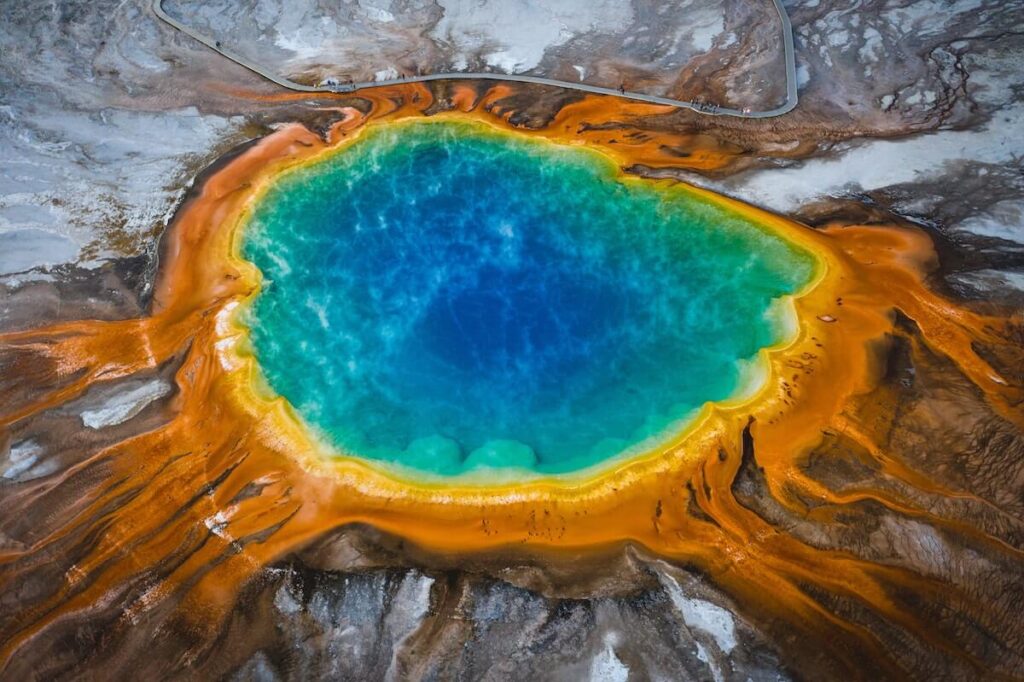 aerial view of Yellowstone hot springs