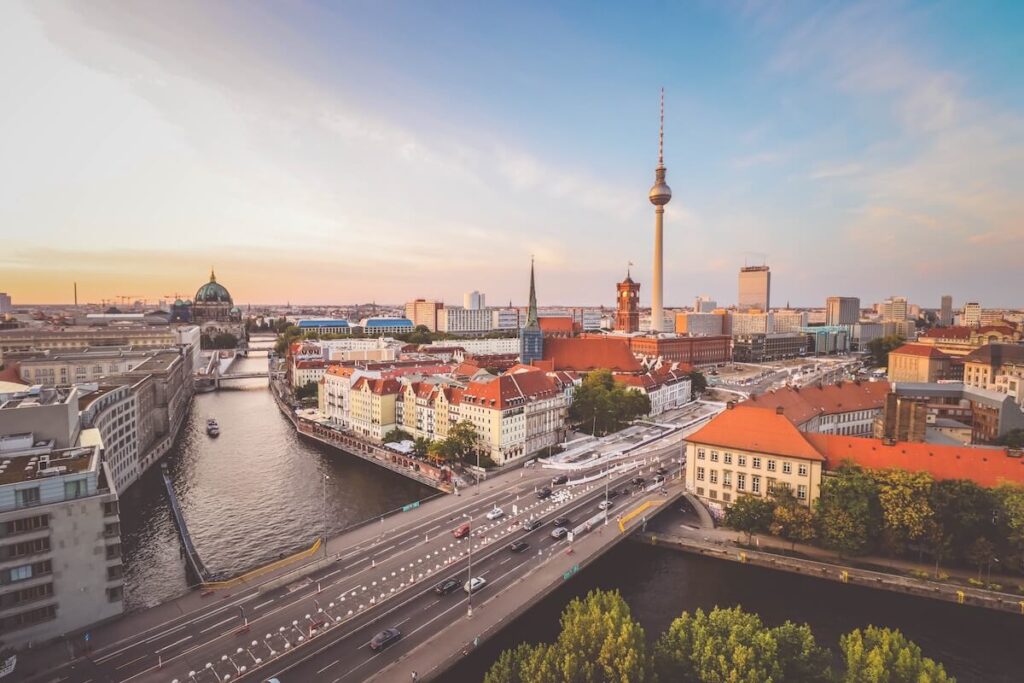 Aerial view of Berlin skyline and Spree River in beautiful evening light at sunset in Berlin