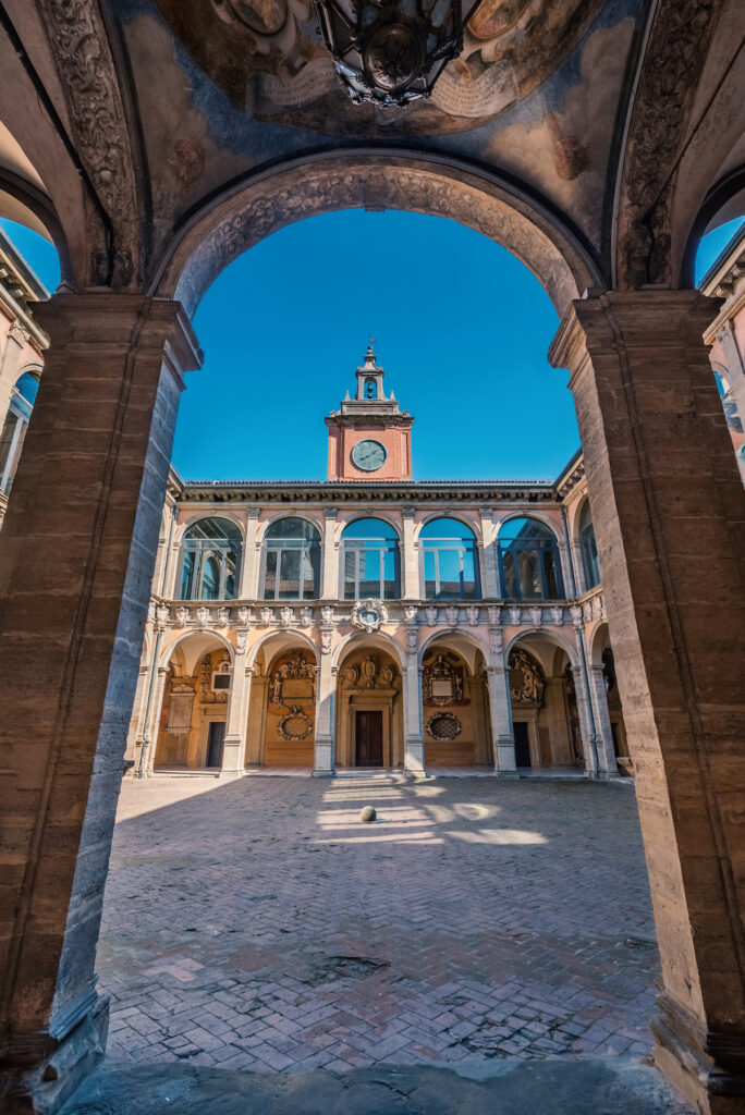 The Archiginnasio atrium. It houses now the Municipal Library and the famous Anatomical Theatre