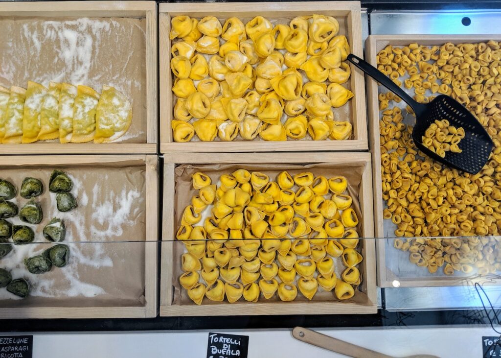fresh stuffed pasta on display in bologna