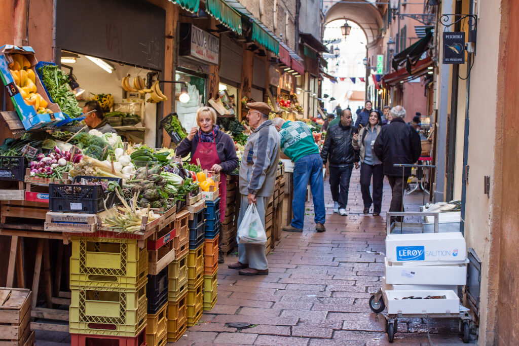 Grocery stores in the "Quadrilatero" in Bologna. The "Quadrilatero" in Bologna, Italy, famous in all the way to the grocery stores with quality products