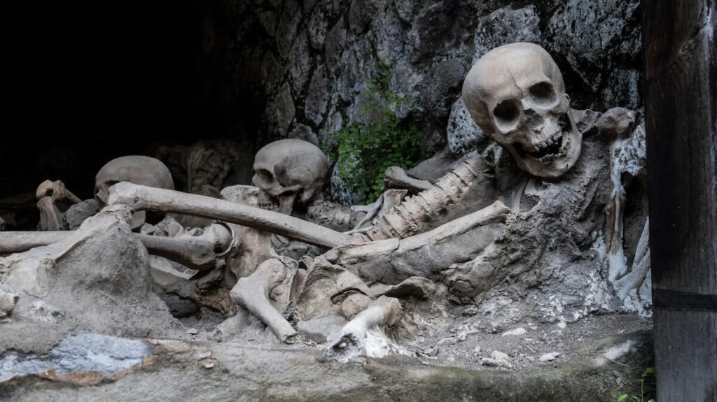 Remains of slaves left behind when Vesuvius erupted, at the Roman archaeological site of Herculaneum, near Naples, Italy