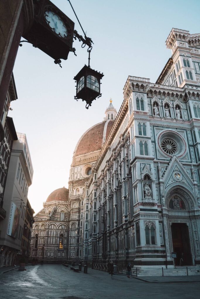 partial worm’s eye view of the Florence Cathedral, one of the famous churches in Italy
