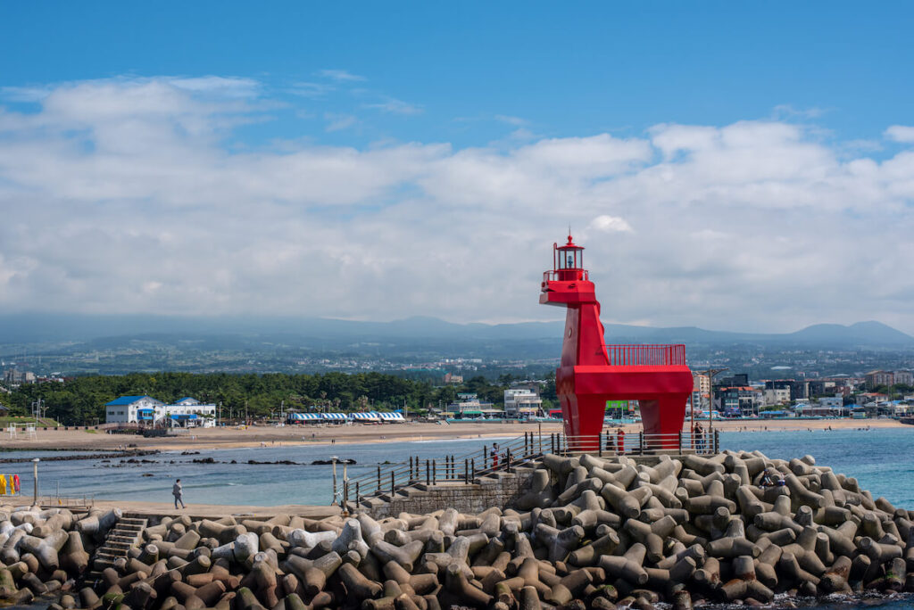 Red horse-shaped lighthouse in Iho Tewoo Beach