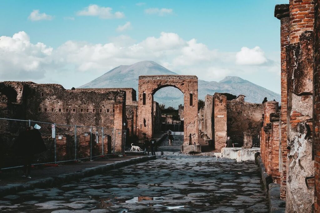 Pompeii ruins with Mt. Vesuvius in the background