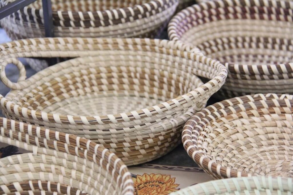 closeup of woven sweetgrass baskets