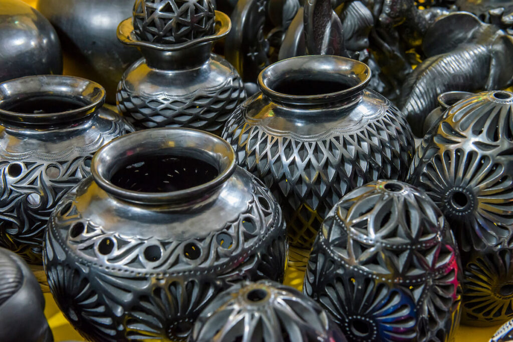 black mud pottery on display in Oaxaca