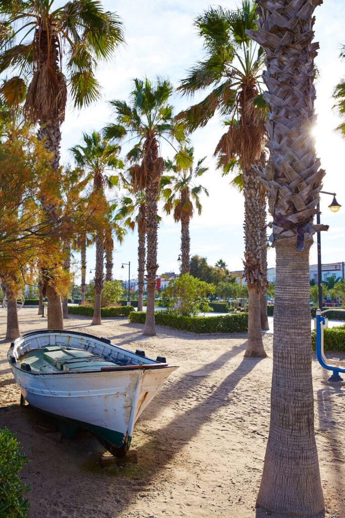 Valencia La Malvarrosa beach boats stranded in Mediterranean Spain