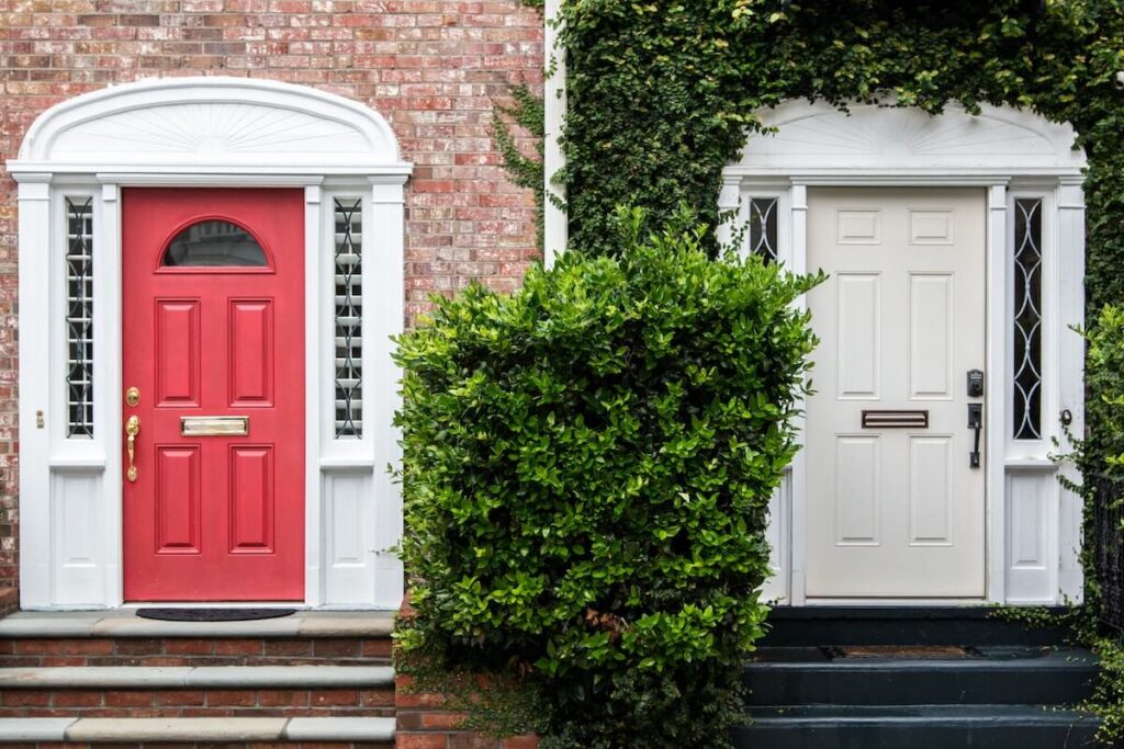 Red and white door facades