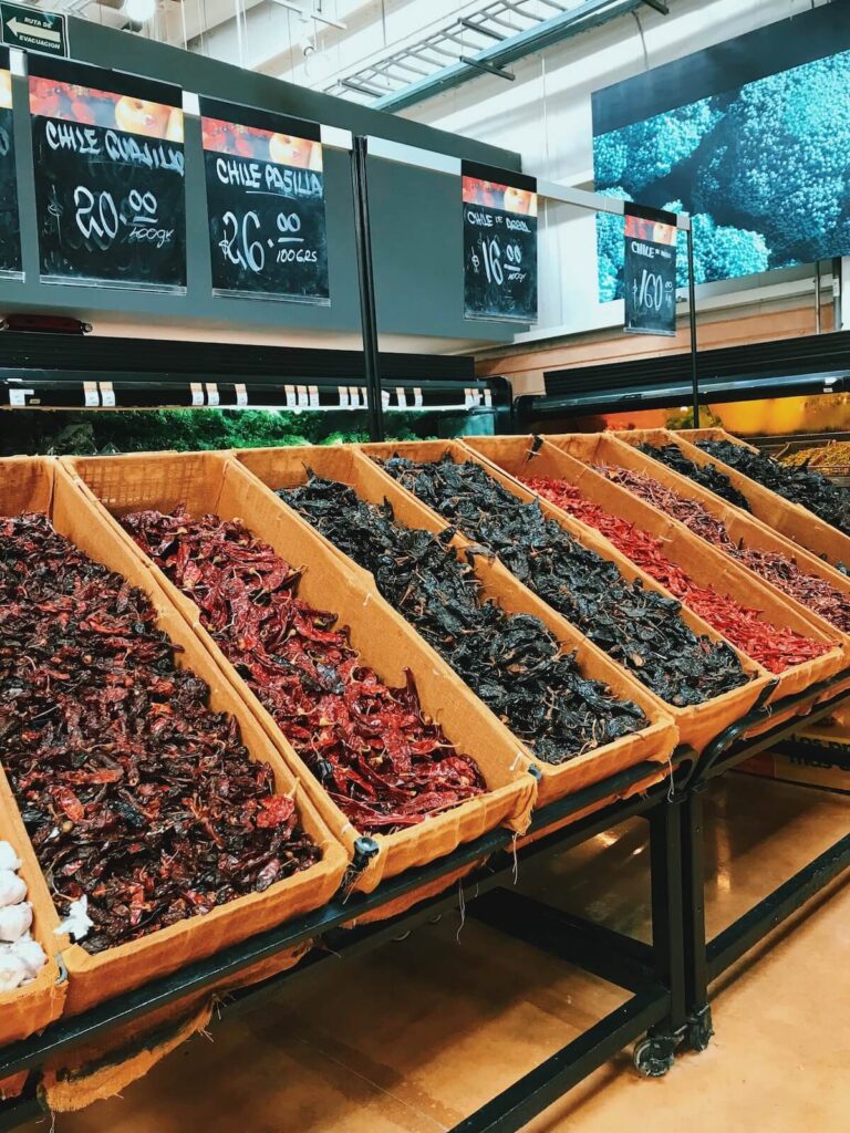 chili pepper on display at Tulum supermarket