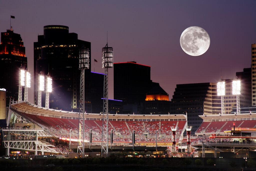 stadium in Cincinnati Ohio after sunset