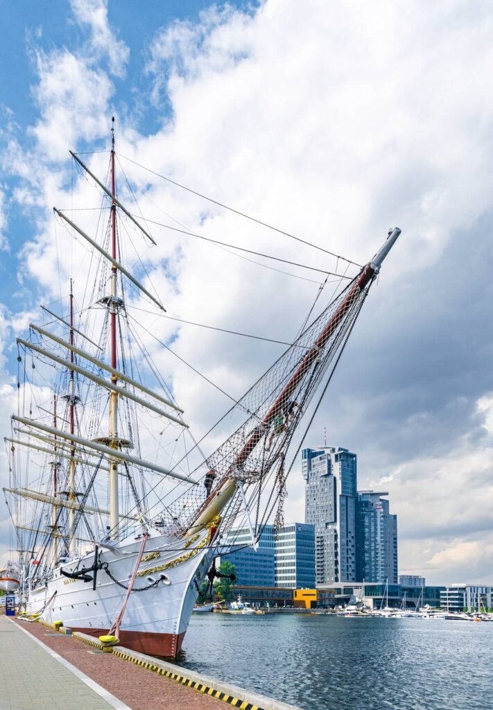Ancient sailing ship "Dar Pomorza" on the Baltic Sea in Gdynia