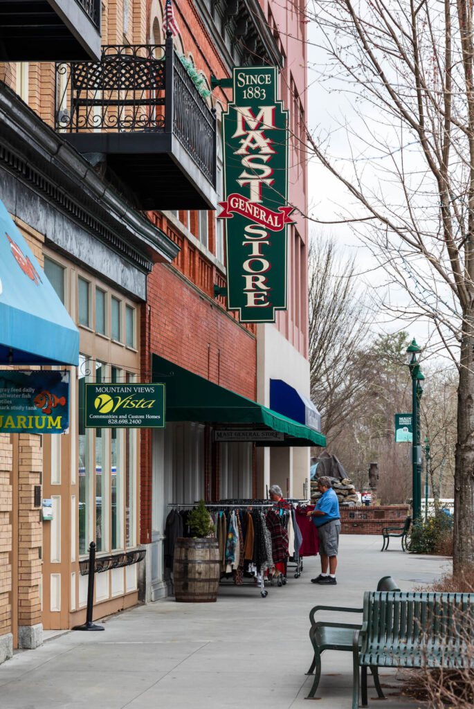 Main Street in Hendersonville on an early spring day, with Mast General Store open for business